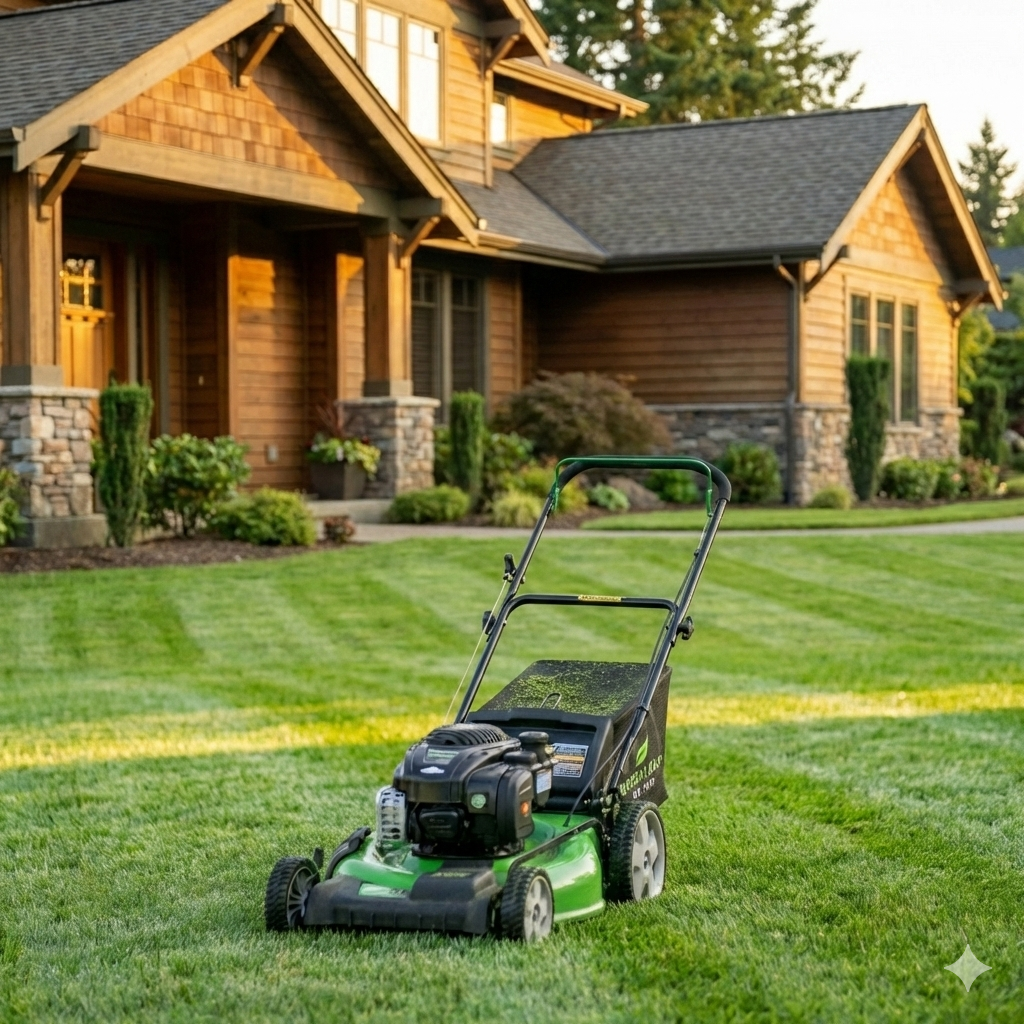 Residential lawn mowing Seattle crew in action